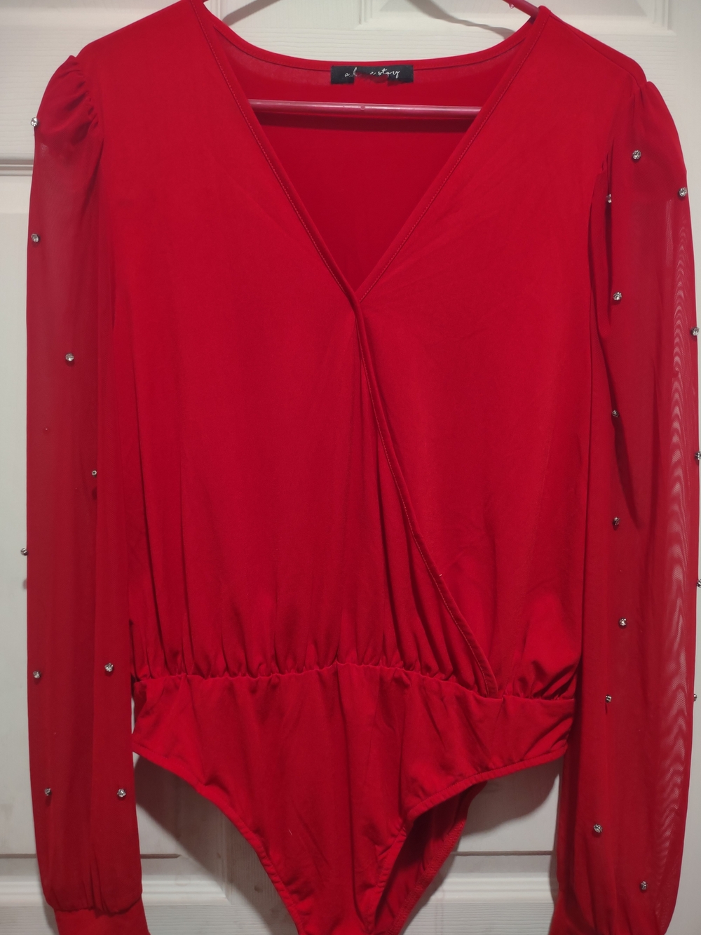 Red Long-Sleeve Wrap Bodysuit - Women's Top